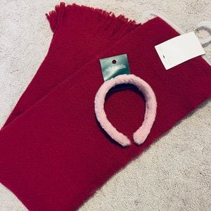 NEW burgundy brushed blanket scarf and pink winter headband.